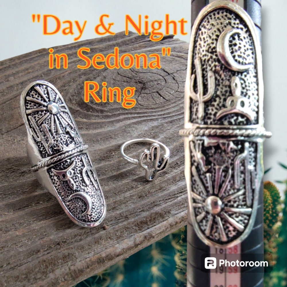 NEW "Day & Night in Sedona" Large Reversible Boho Desert Scene in Silver Rings
